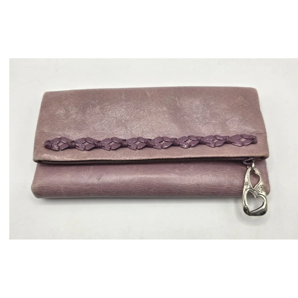 Brighton Lavender Purple Soft Leather Trifold Wallet Braided Heart Zipper Pull